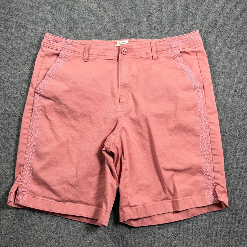L.L. Bean Favorite Fit Shorts Women 16 Regular Coral Pink Embroidered Side Vine